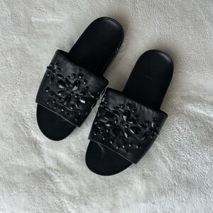 Tory Burch Slides Brae Crystal Leather Sandals Flat Mules Leather 7.5 Shoes